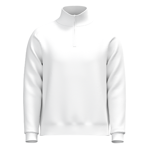 A plain white long-sleeve pullover with a short stand collar and a half-zip closure.