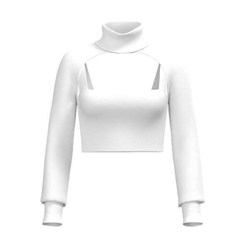 Cropped turtleneck sweater with long sleeves and a cutout design on the chest. The modern style conveys a bold and fashionable look.