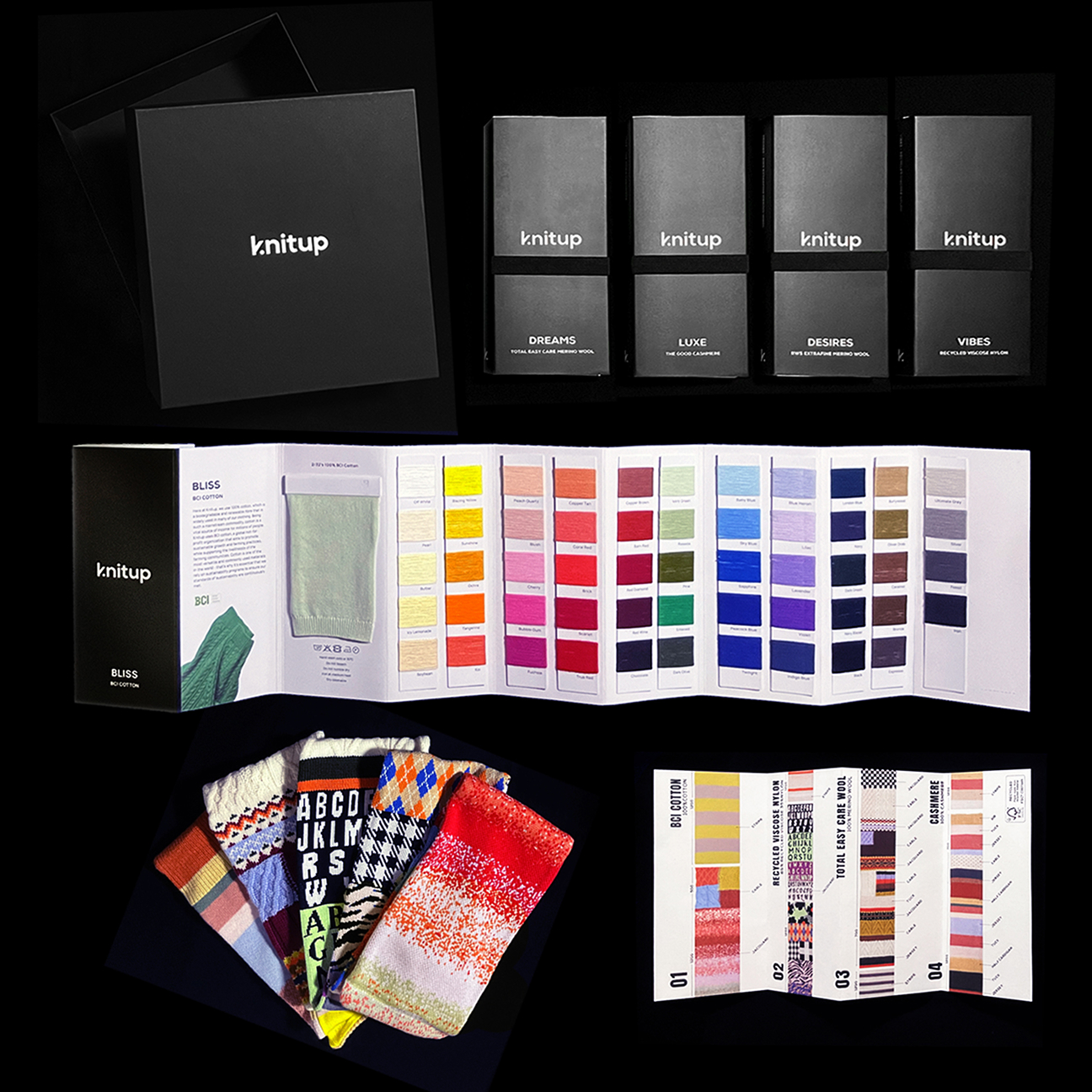 The compents of Knitup's Stitchbox consisting of 5 yarn booklets, a swatch scarf and a glossary pamphlet guide.