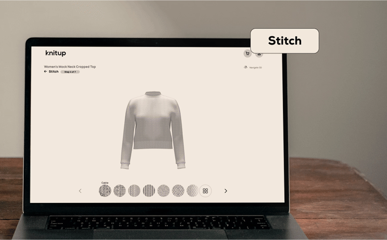 A laptop shows Knitup's design website and the design process of a sweater with various stitch patterns to choose from.