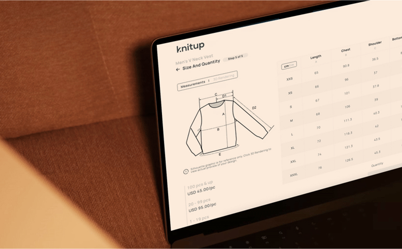 A laptop shows Knitup's garment measurements and pricing page.
